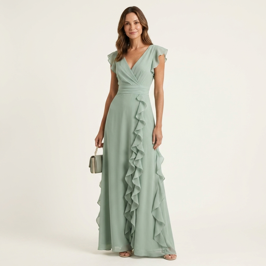 NERA | ROBE LONGUE CACHE-CŒUR À DÉCOLLETÉ EN V, MANCHES PAPILLON ET VOLANT EN CASCADE