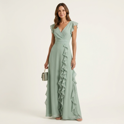 NERA | ROBE LONGUE CACHE-CŒUR À DÉCOLLETÉ EN V, MANCHES PAPILLON ET VOLANT EN CASCADE