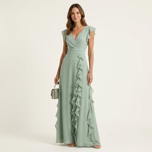 NERA | ROBE LONGUE CACHE-CŒUR À DÉCOLLETÉ EN V, MANCHES PAPILLON ET VOLANT EN CASCADE