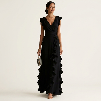 NERA | ROBE LONGUE CACHE-CŒUR À DÉCOLLETÉ EN V, MANCHES PAPILLON ET VOLANT EN CASCADE