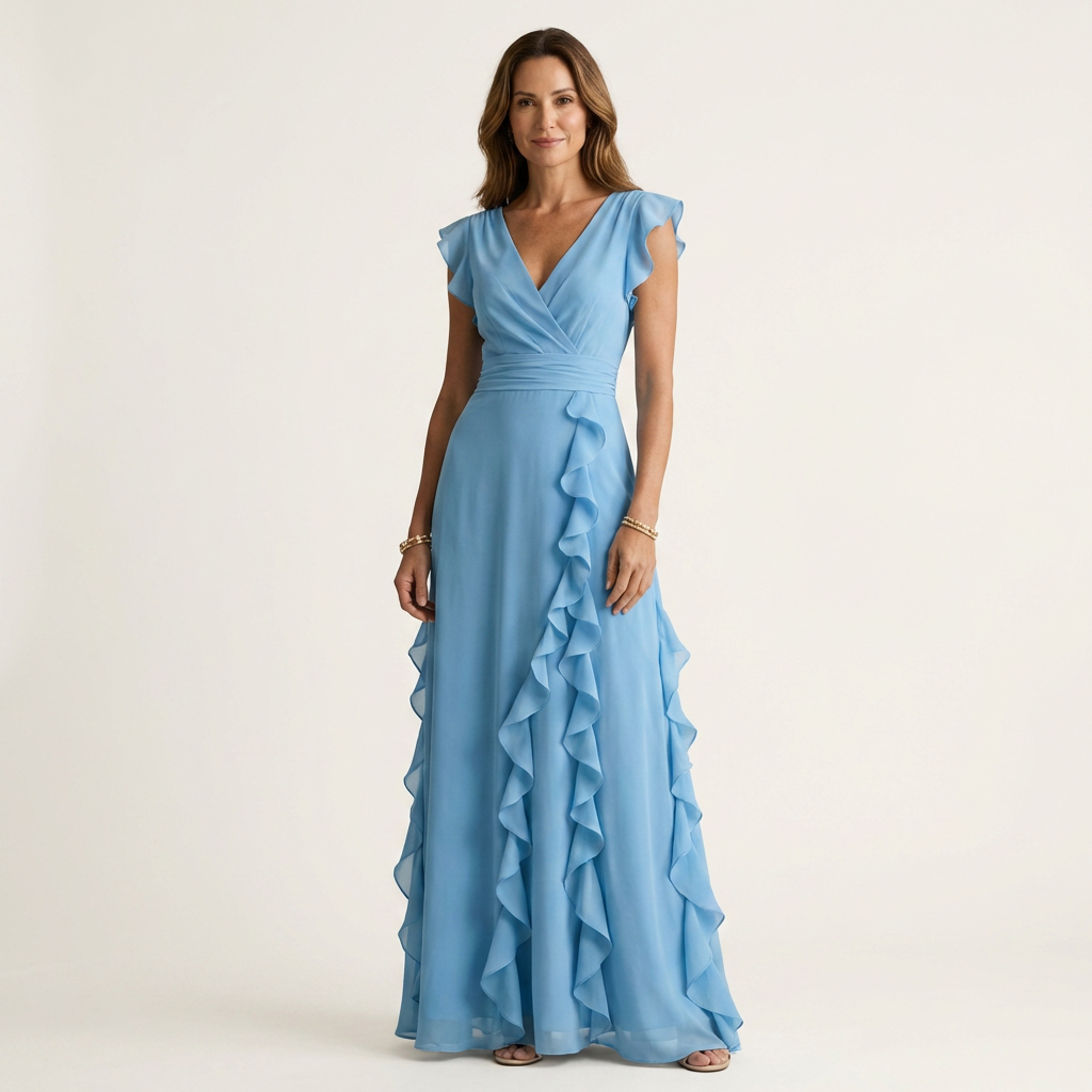 NERA | ROBE LONGUE CACHE-CŒUR À DÉCOLLETÉ EN V, MANCHES PAPILLON ET VOLANT EN CASCADE