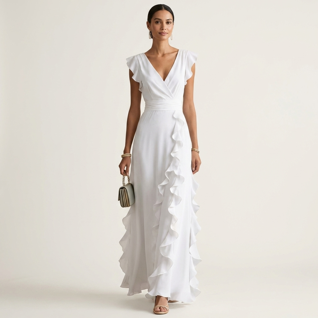 NERA | ROBE LONGUE CACHE-CŒUR À DÉCOLLETÉ EN V, MANCHES PAPILLON ET VOLANT EN CASCADE