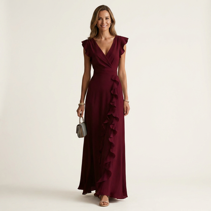 NERA | ROBE LONGUE CACHE-CŒUR À DÉCOLLETÉ EN V, MANCHES PAPILLON ET VOLANT EN CASCADE