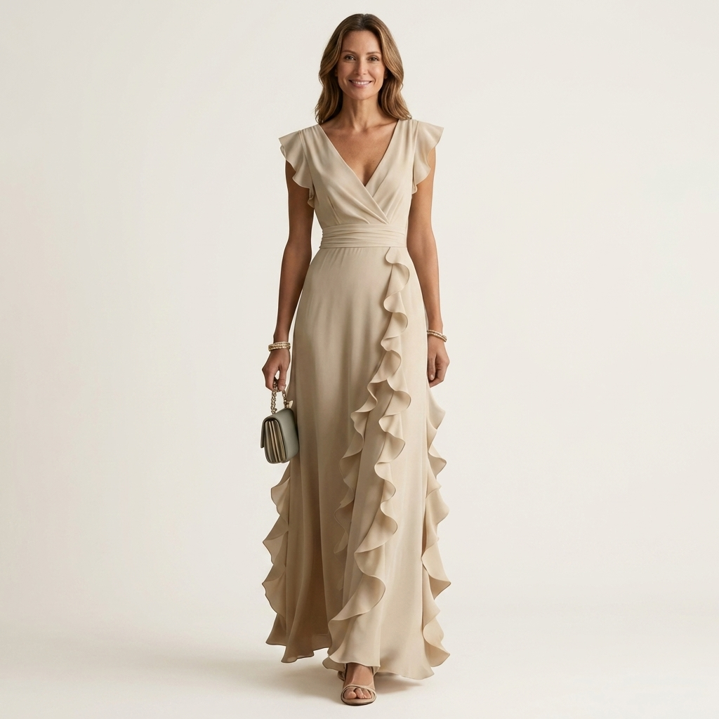 NERA | ROBE LONGUE CACHE-CŒUR À DÉCOLLETÉ EN V, MANCHES PAPILLON ET VOLANT EN CASCADE