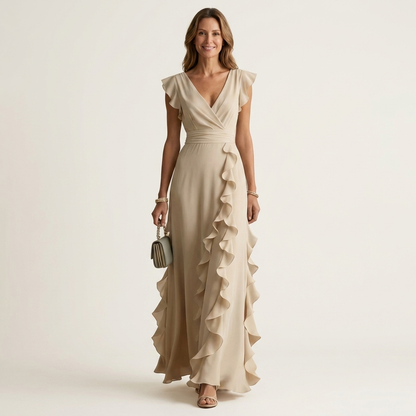 NERA | ROBE LONGUE CACHE-CŒUR À DÉCOLLETÉ EN V, MANCHES PAPILLON ET VOLANT EN CASCADE