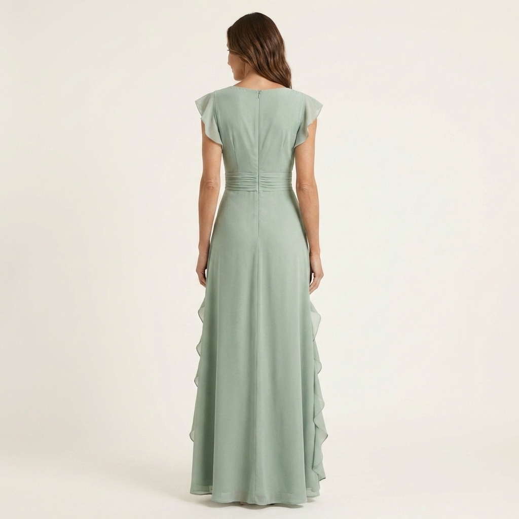 NERA | ROBE LONGUE CACHE-CŒUR À DÉCOLLETÉ EN V, MANCHES PAPILLON ET VOLANT EN CASCADE