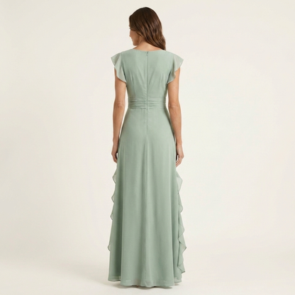 NERA | ROBE LONGUE CACHE-CŒUR À DÉCOLLETÉ EN V, MANCHES PAPILLON ET VOLANT EN CASCADE