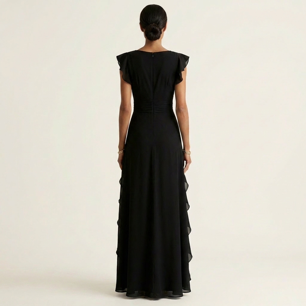 NERA | ROBE LONGUE CACHE-CŒUR À DÉCOLLETÉ EN V, MANCHES PAPILLON ET VOLANT EN CASCADE