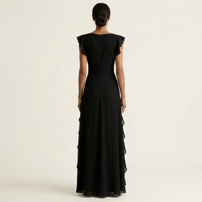 NERA | ROBE LONGUE CACHE-CŒUR À DÉCOLLETÉ EN V, MANCHES PAPILLON ET VOLANT EN CASCADE