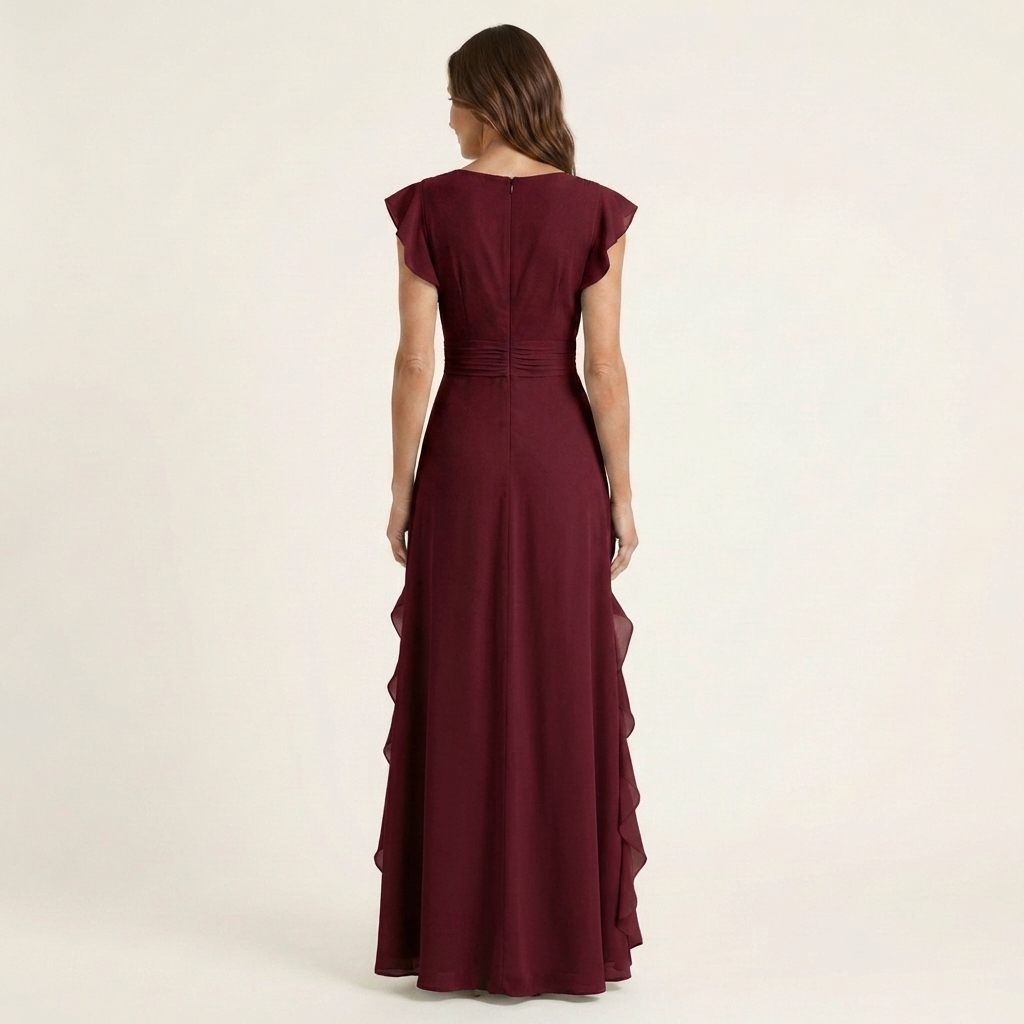 NERA | ROBE LONGUE CACHE-CŒUR À DÉCOLLETÉ EN V, MANCHES PAPILLON ET VOLANT EN CASCADE