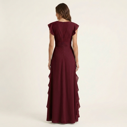 NERA | ROBE LONGUE CACHE-CŒUR À DÉCOLLETÉ EN V, MANCHES PAPILLON ET VOLANT EN CASCADE