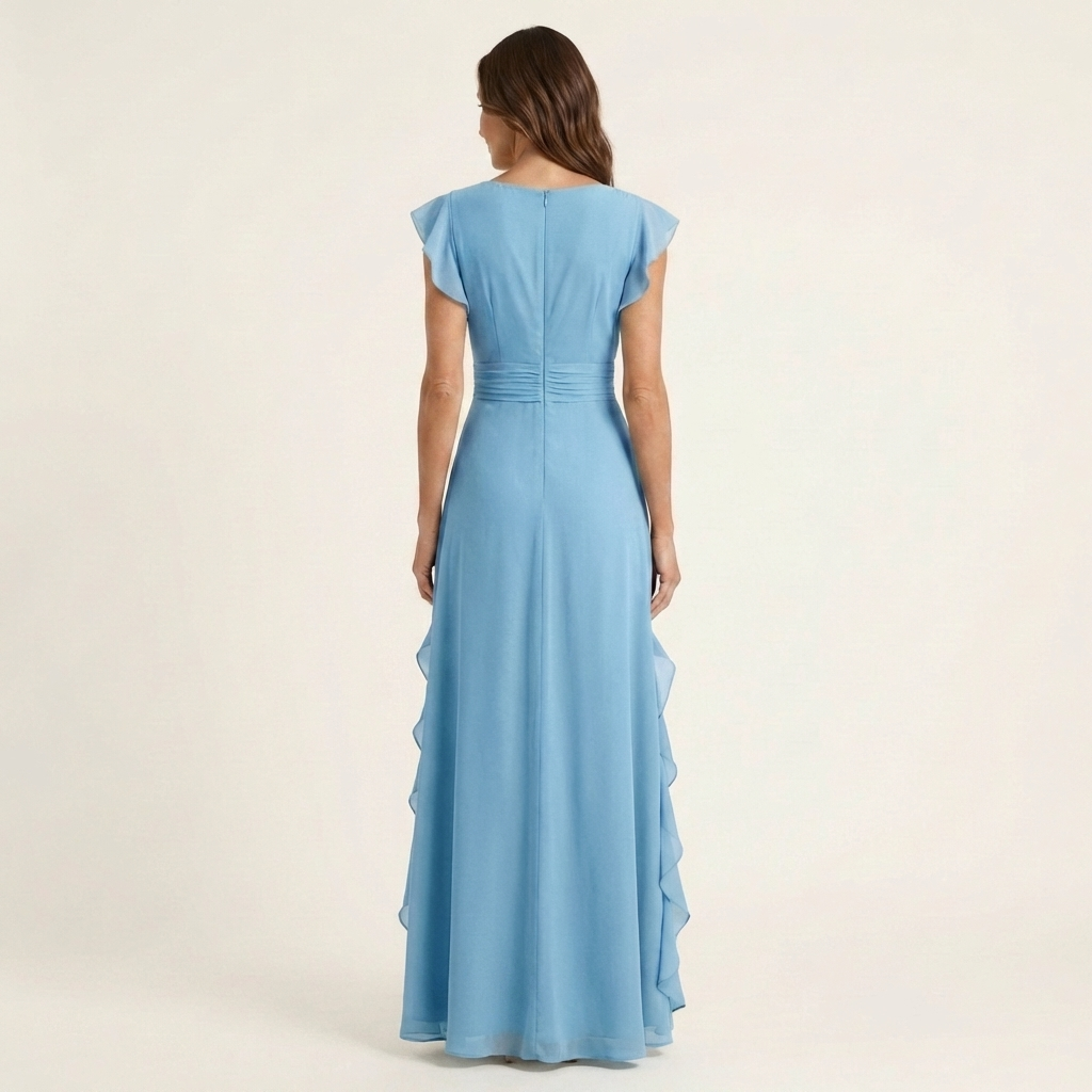 NERA | ROBE LONGUE CACHE-CŒUR À DÉCOLLETÉ EN V, MANCHES PAPILLON ET VOLANT EN CASCADE