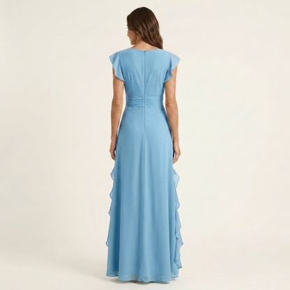 NERA | ROBE LONGUE CACHE-CŒUR À DÉCOLLETÉ EN V, MANCHES PAPILLON ET VOLANT EN CASCADE