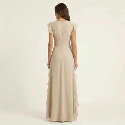 NERA | ROBE LONGUE CACHE-CŒUR À DÉCOLLETÉ EN V, MANCHES PAPILLON ET VOLANT EN CASCADE
