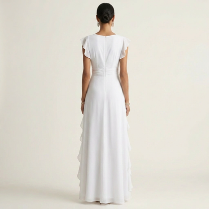 NERA | ROBE LONGUE CACHE-CŒUR À DÉCOLLETÉ EN V, MANCHES PAPILLON ET VOLANT EN CASCADE