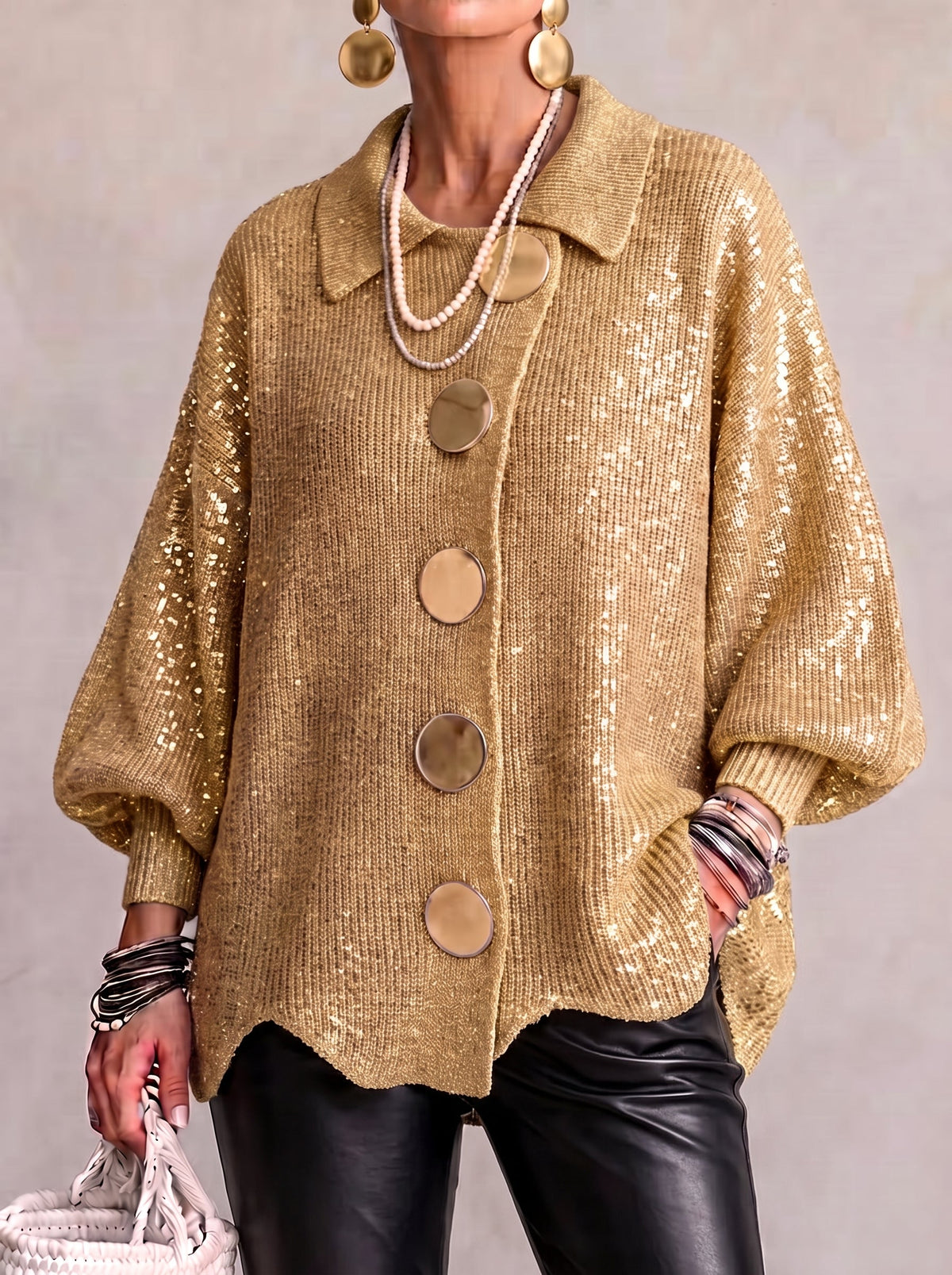 ISADORA - GILET OVERSIZE À COL ET GROS BOUTONS MÉTALLIQUES