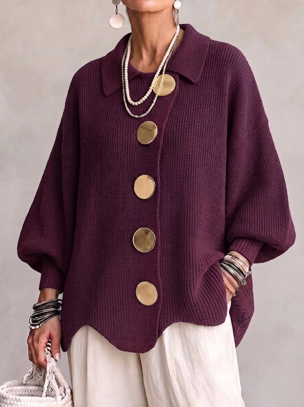 ISADORA - GILET OVERSIZE À COL ET GROS BOUTONS MÉTALLIQUES