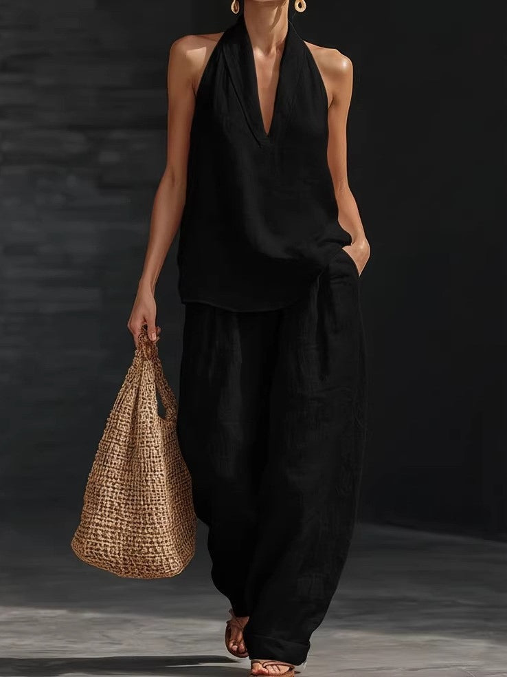 AYESHA - ENSEMBLE HAUT SANS MANCHES COL EN V ET PANTALON LARGE