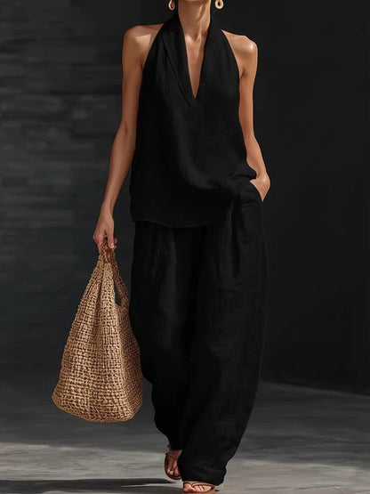 AYESHA - ENSEMBLE HAUT SANS MANCHES COL EN V ET PANTALON LARGE