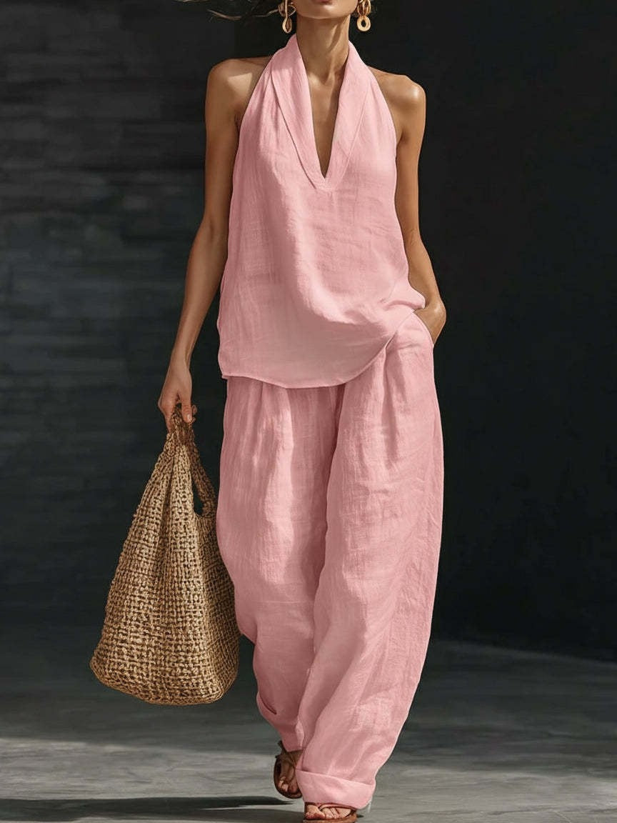 AYESHA - ENSEMBLE HAUT SANS MANCHES COL EN V ET PANTALON LARGE